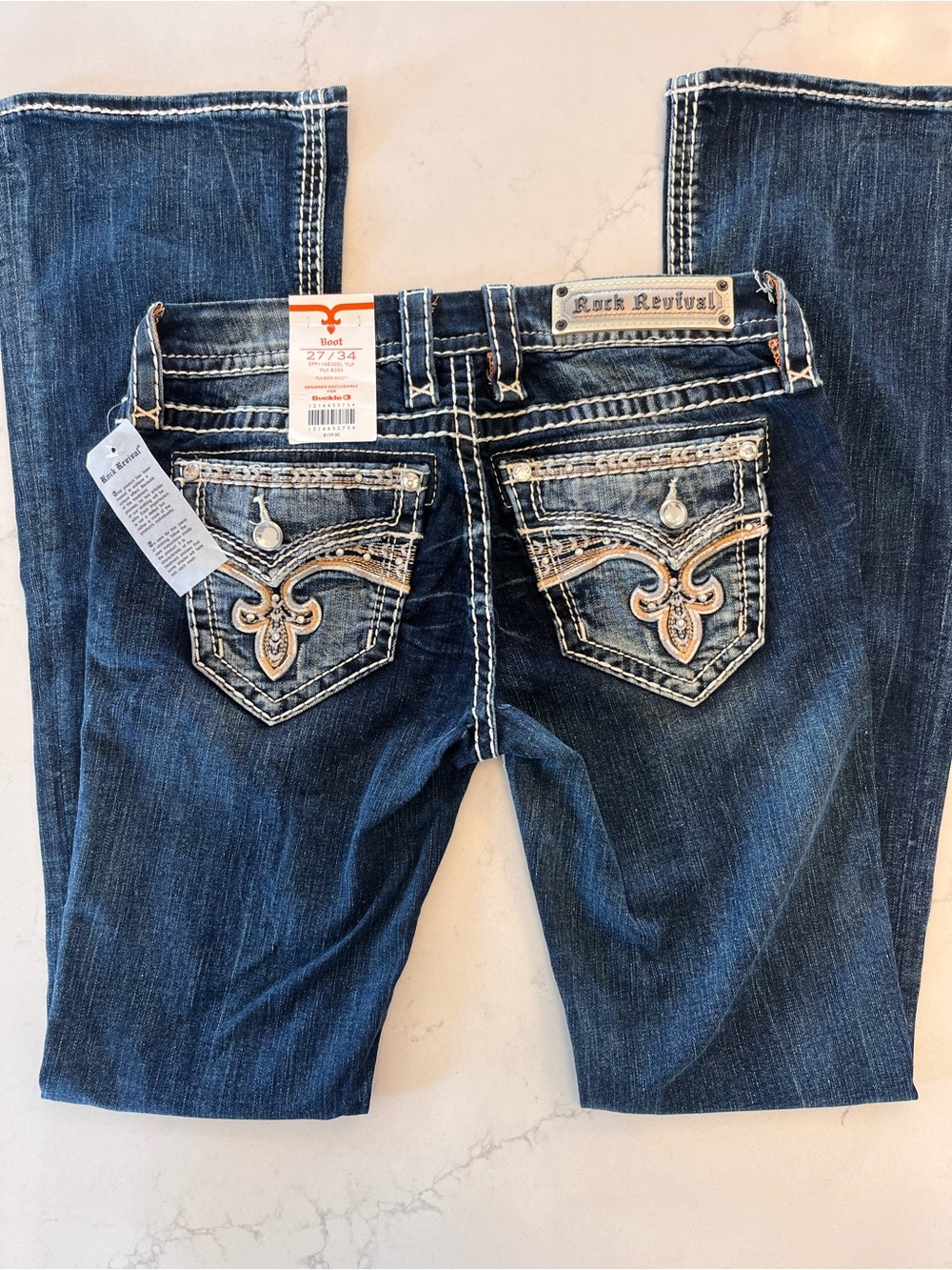 Rock Revival YUI B205 Women's Dark Blue Embroidered Boot Cut Jeans Size 27/34